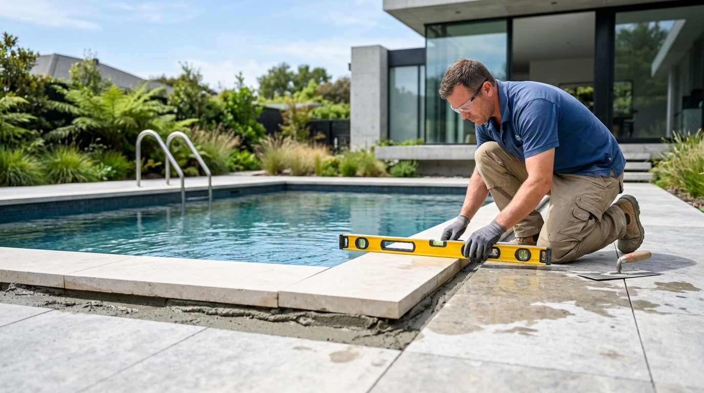 Modern Straight Edge Travertine Coping for Minimalist Decks